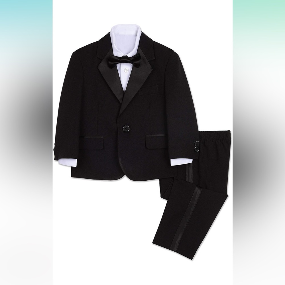12 mo Nautica Baby Boys 4-Piece Tuxedo. Can throw in size 4 shiny tuxedo shoes.